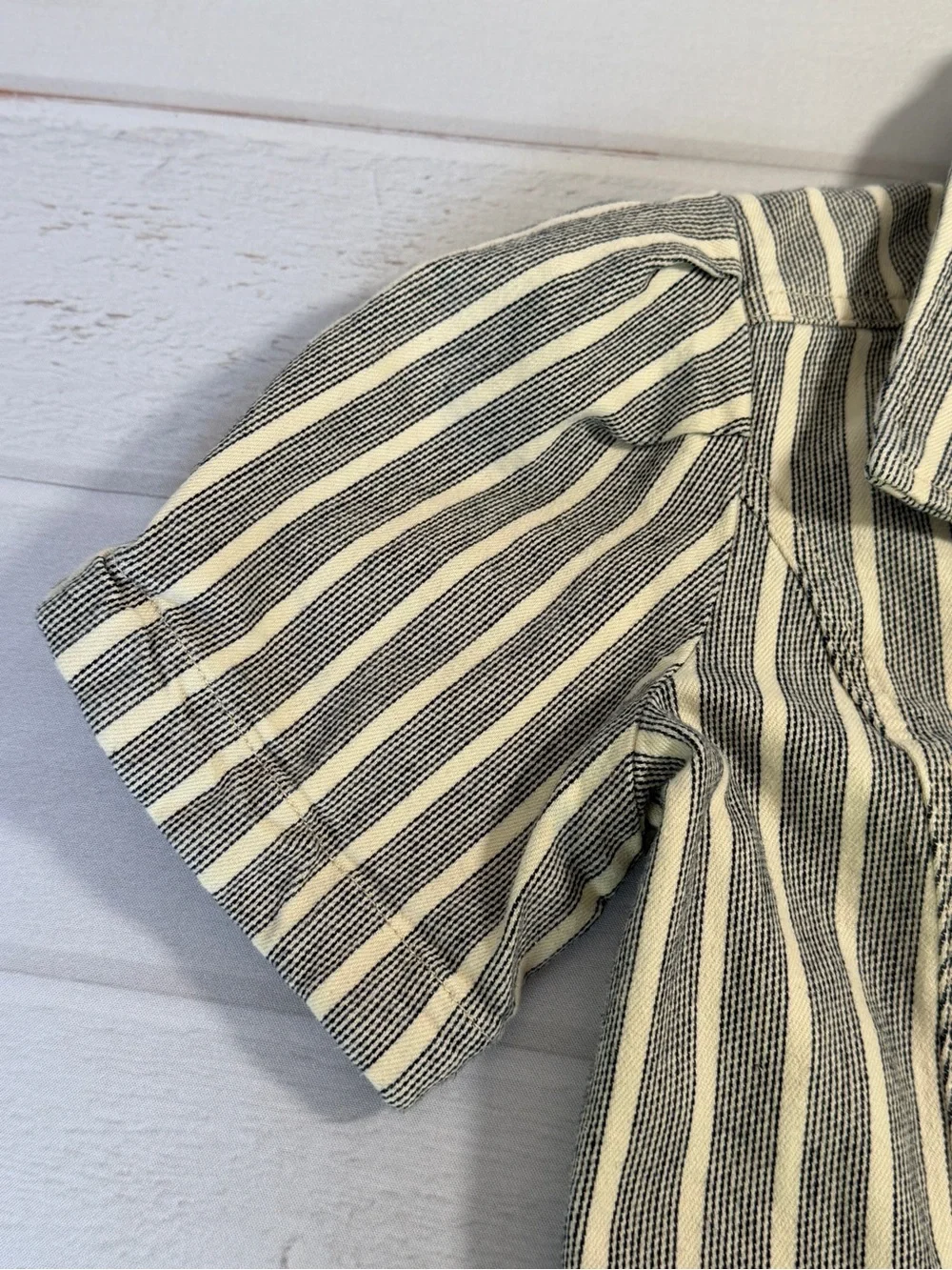 Pilcro Anthropologie Stripe Puff Sleeve Utility Romper Coastal Cottagecore 2